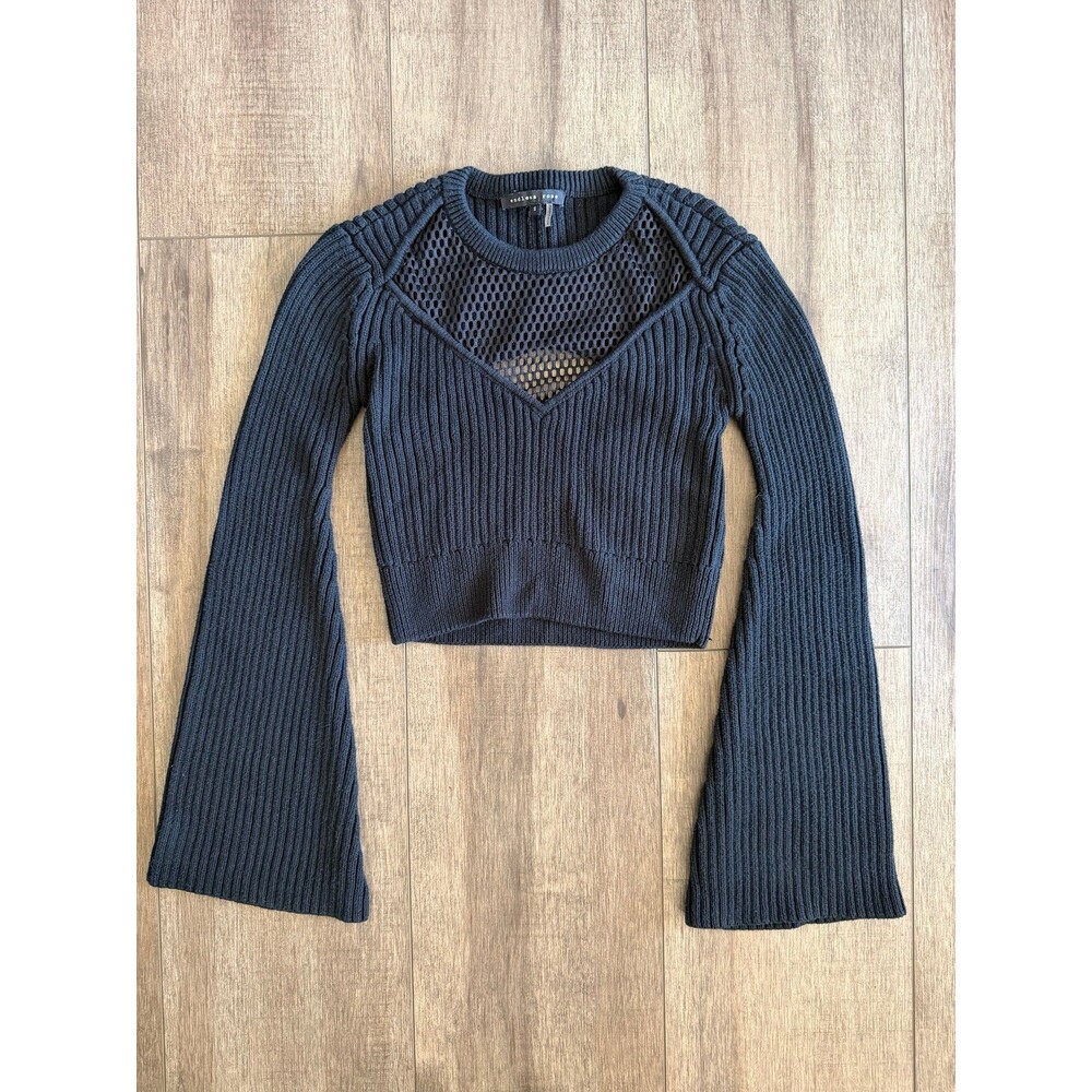Endless Rose Black Mesh Yoke Ribbed Knit Crop Sweater Bell Sleeve Size Small